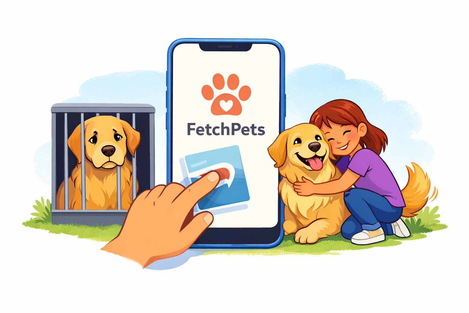FetchPets app illustration showing pet discovery and adoption journey